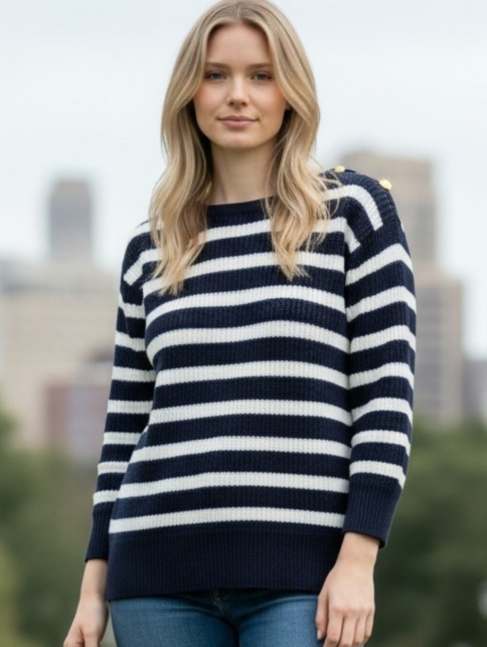 Lauren Ralph Lauren Navy and White Striped Crewneck Sweater with Gold Buttons